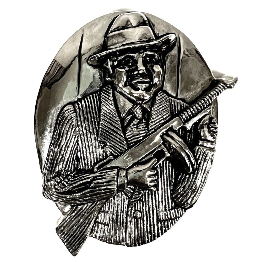 Al Capone Tommy Machine Gun Belt Buckle Silver Pewter Mobster 3D‎ Rock Rebel